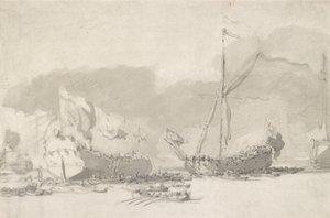 Il varo di una nave da guerra a ponte singolo con uno yacht reale in assistenza, fine XVII-inizio XVIII secolo da Willem van de Velde